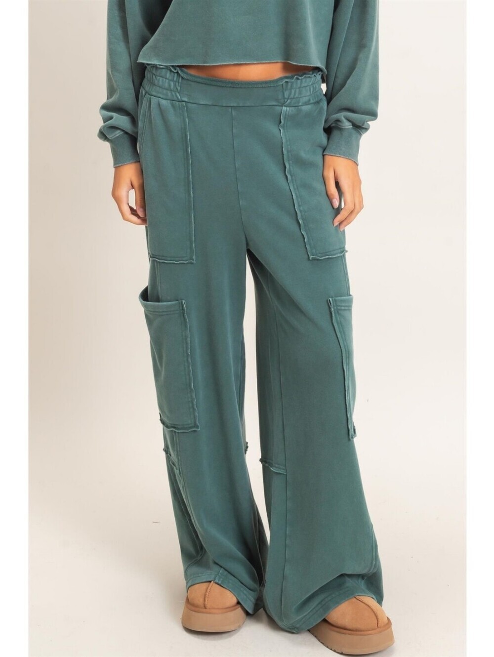 CloudDwellers Forest Mineral Washed Cotton Blend Wide Leg Cargo Sweatpants